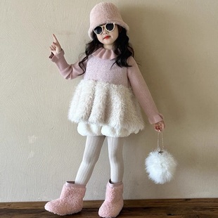 冬季韩国女童套装女宝毛绒拼接加厚背心裙毛绒短裤荷叶领打底毛衣