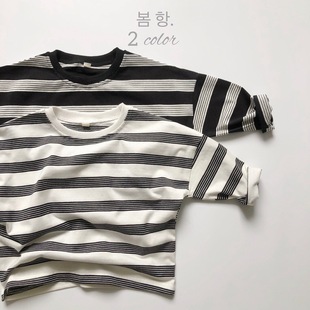 儿童韩版横条纹T恤衫春季新款男女童宽松落肩打底衫洋气百搭