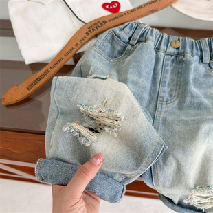 柔软包腰百搭宽松长裤 男童牛仔裤 儿童做旧破洞休闲裤 新款 2025春季
