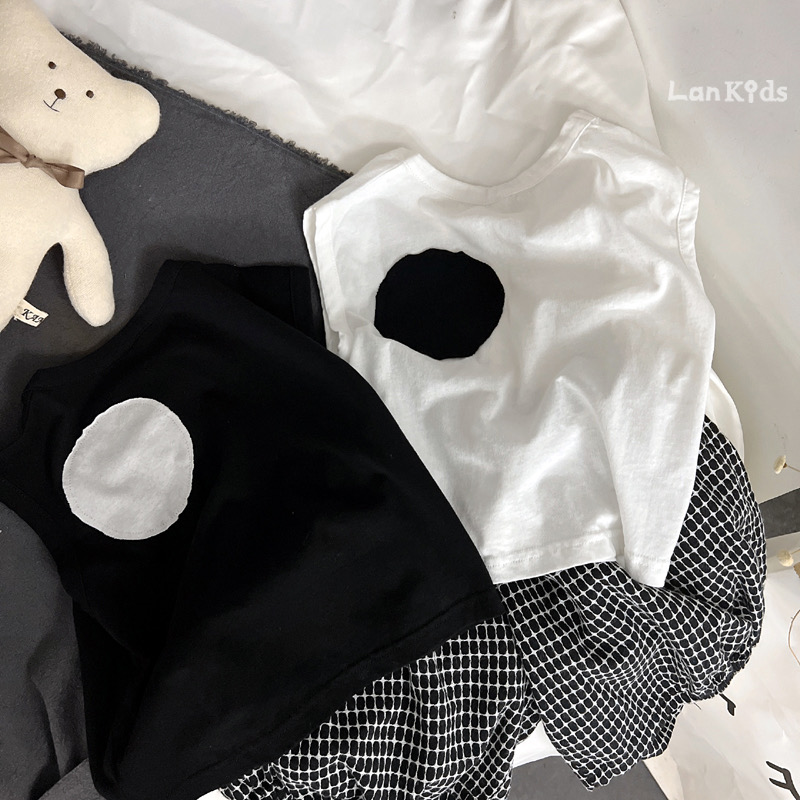 个性透气~韩版儿童圆点贴步无袖T恤男女宝宝纯色圆领背心上衣夏装