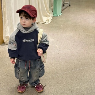 冬季新款韩系男小童加绒连帽卫衣男宝拼接字母假两件休闲韩版上衣
