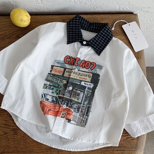 2026新款宝宝春秋长袖休闲百搭衬衫韩版男童翻领格子拼接印花衬衫