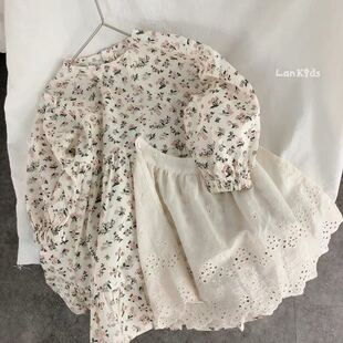 春季新品韩国童装女童全棉碎花连衣裙森女蕾丝围裙长袖连衣裙