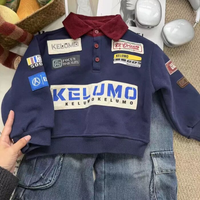 2025冬季韩系童装男童撞色贴标加绒套头POLO衫+牛仔大口袋直筒裤