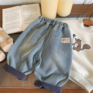 秋冬装 子中小童柔软长裤 2024新款 宽松裤 儿童韩版 男童一体绒牛仔裤