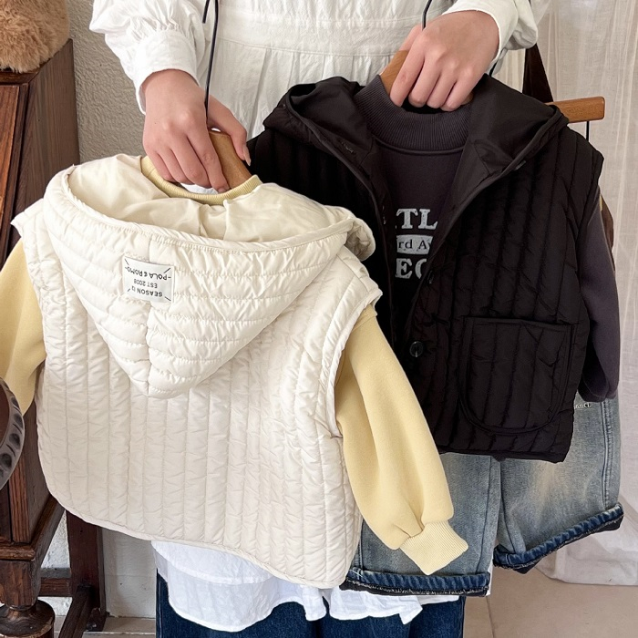 儿童绗棉连帽马甲秋冬装童装韩版男女童条纹贴标外套女童宽松上衣