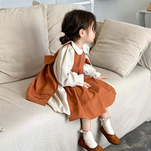 连衣裙女孩棉麻娃娃裙 女童复古公主裙女宝高级套装 春秋款 韩国童装