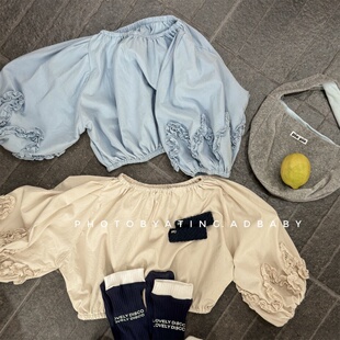 春秋季女童水洗棉泡泡袖娃娃衫女孩高级韩系花边灯笼袖蝙蝠袖衬衫