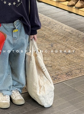 春秋季男童韩范帅痞风宽蓝色松牛仔哈伦裤女孩复古水洗牛仔休闲裤