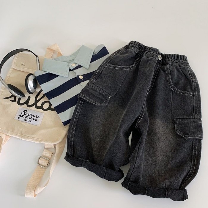 秋季新品男女童纯色口袋牛仔裤宝宝工装直筒裤黑色儿童宽松长裤子,童装/婴儿装/亲子装,裤子,淘宝优惠券,粉丝福利购,淘宝优惠卷