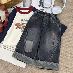 韩系男小童冬季新款加绒彩色刺绣字母直筒长裤子女宝宝休闲牛仔裤