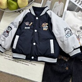 韩系男小童冬季 夹棉可爱刺绣撞色夹克上衣休闲棒球服棉服外套 新款