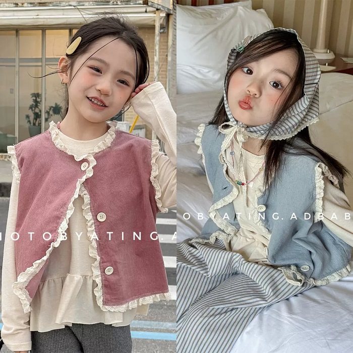 2026春秋季新款童装女童甜美蕾丝花边灯芯绒马甲女宝宝背心小外套