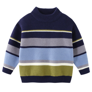 男童半高领条纹毛衣2025秋冬中大童加绒保暖针织衫 儿童毛线衣8205