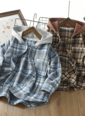 男童磨毛格子衬衫春秋外套2025秋季新款中大童衬衣休闲上衣 9191