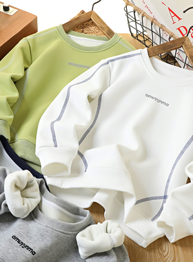 男童圆领卫衣云柔棉T恤加绒打底衫秋冬中大童儿童一体绒上衣2895