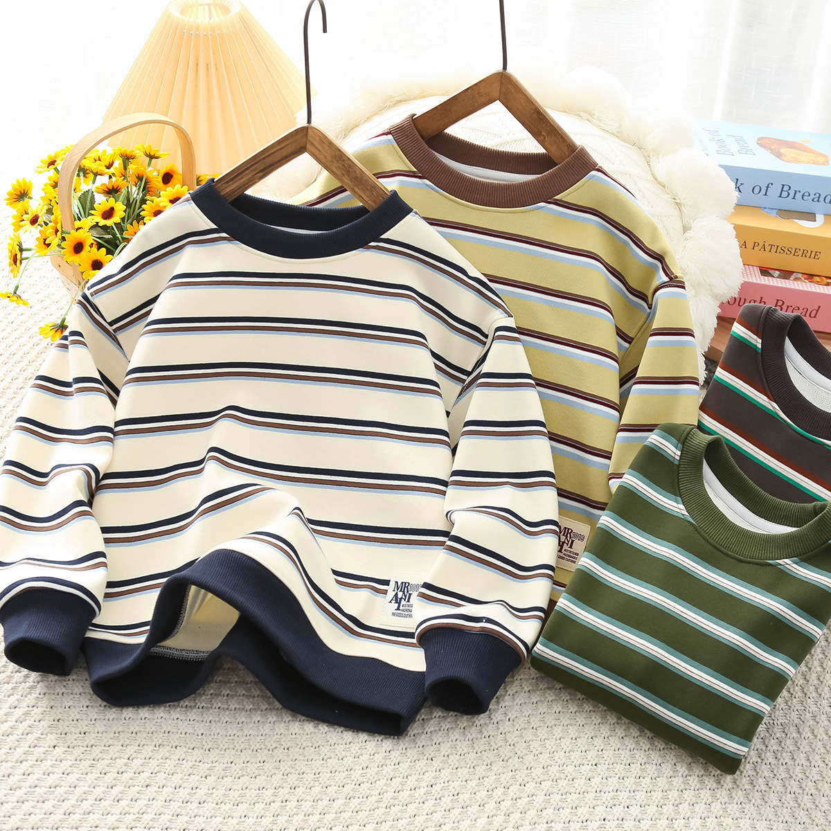 男童加绒条纹卫衣2025秋冬季中大童一体绒保暖上衣儿童套头衫2336