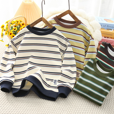 秋冬季男童一体绒圆领条纹卫衣