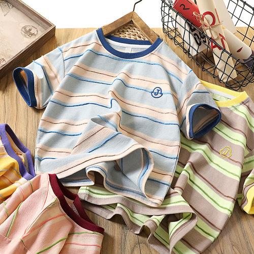 夏季男童圆领条纹刺绣短袖T恤衫