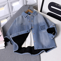 男童加绒软牛仔衬衫2025秋冬季儿童一体绒衬衣中大童休闲外套9235