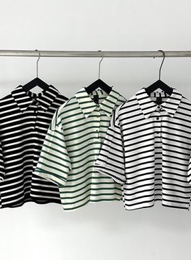 一九二三1923 日系宽松条纹POLO领百搭上衣夏季女士减龄款