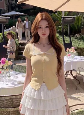 PPWUDAWANG甜妹风黄色针织t恤女夏新款收腰显瘦温柔风短款小上衣