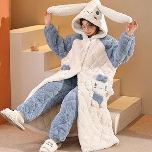 冬季加厚加绒三层夹棉保暖睡衣两件套男女可爱卡通玉桂狗连帽睡袍