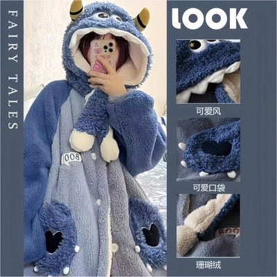 可爱卡通情侣小怪兽连帽保暖睡袍