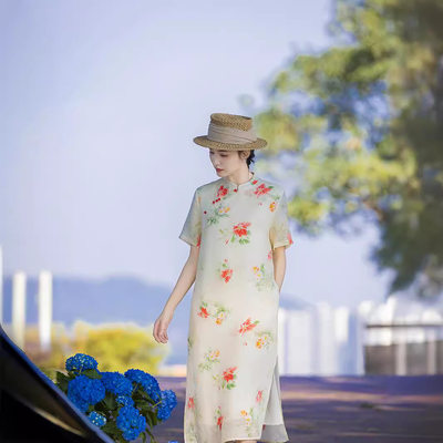新中式女装苎麻连衣裙2024夏季新款旗袍领国风复古印花红花a字裙