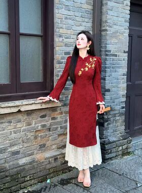 2025年新中式【锦安】新中式重工提花刺绣拼接假两件旗袍连衣裙子