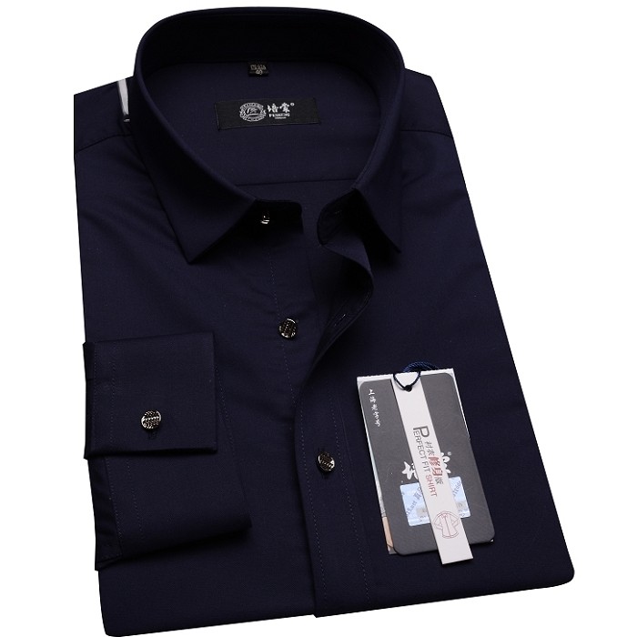 培蒙男士长袖衬衫竹纤维免烫藏蓝色酒红色纯色本命年韩版修身衬衣