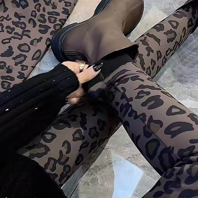 2025秋冬新款高腰性感加绒豹纹打底裤女显瘦外穿弹力小脚休闲裤潮