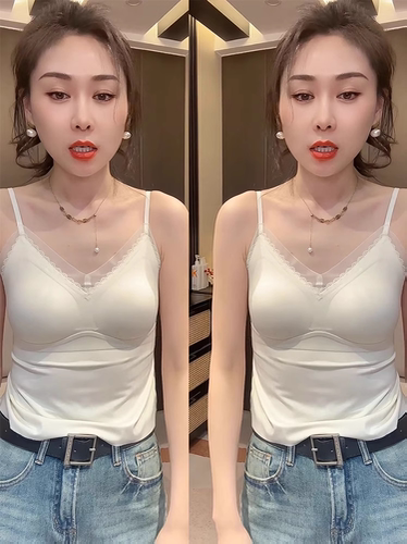 2025夏季新款性感蕾丝拼接一体杯V领吊带女百搭冰丝无痕美背背心