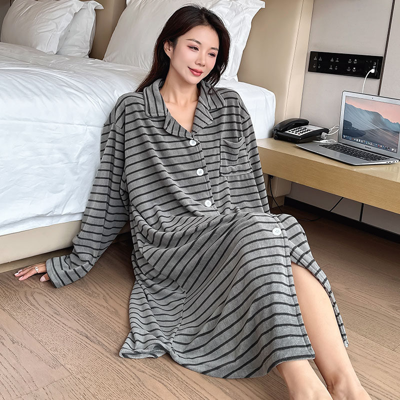 条纹睡裙大码女胖mm秋冬款珊瑚绒睡衣家居服中长款连衣裙200斤