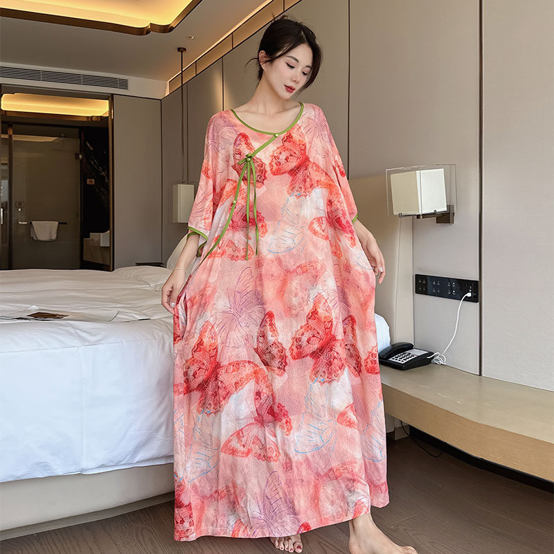 夏季薄款棉绸新中式大尺码睡衣裙女200斤胖mm宽松绵绸家居裙中国