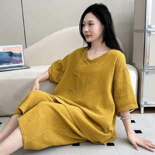 夏季 200斤胖mm薄款 双层棉纱中式 睡衣女大码 家居服纯棉 短袖 七分裤