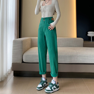 小个子休闲裤 绿色加薄绒九分哈伦牛仔裤 女秋冬高腰宽松显瘦老爹裤