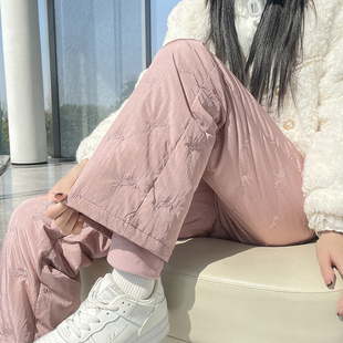 防寒加厚小个子束脚防风棉裤 新款 子 女外穿冬季 粉色轻薄直筒羽绒裤