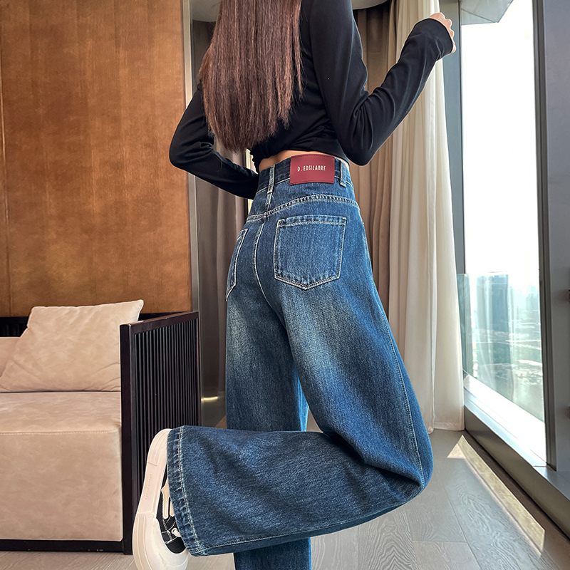 质感蓝阔腿牛仔裤女春秋新款