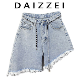 DAIZZEI~浅蓝色阔腿短裤女夏季新款不规则毛边高腰显瘦五分牛仔裤