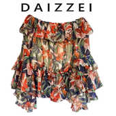 新款 女夏季 度假风碎花印花上衣 设计感荷叶边一字领衬衫 DAIZZEI