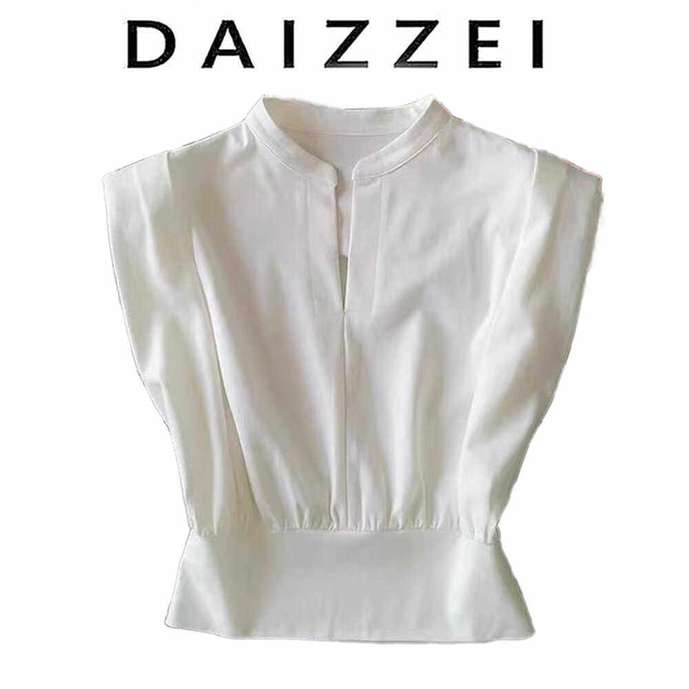 DAIZZEI~夏新款T恤女垫肩设计感收腰显瘦蝙蝠袖飞飞袖无袖短上衣