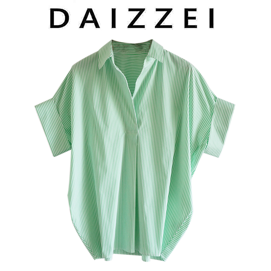 DAIZZEI~2022夏季新款绿条纹蝙蝠袖卷边压褶V领宽松衬衫女衬衣潮