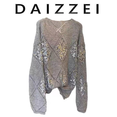DAIZZEI~高端早秋新款女装高级感穿搭上衣灰色亮片镂空长袖针织衫