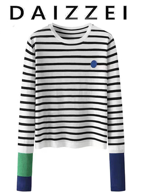DAIZZEI~条纹撞色长袖薄T恤女早秋新款小个子设计感休闲针织上衣