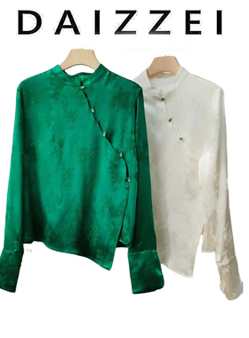 DAIZZEI~别致好看提花上衣新中式国风斜襟盘扣绿色长袖衬衫女春秋