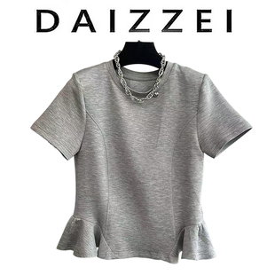T恤女上衣 DAIZZEI 高端25新款 垫肩圆领荷叶边拼接短款 空气棉短袖