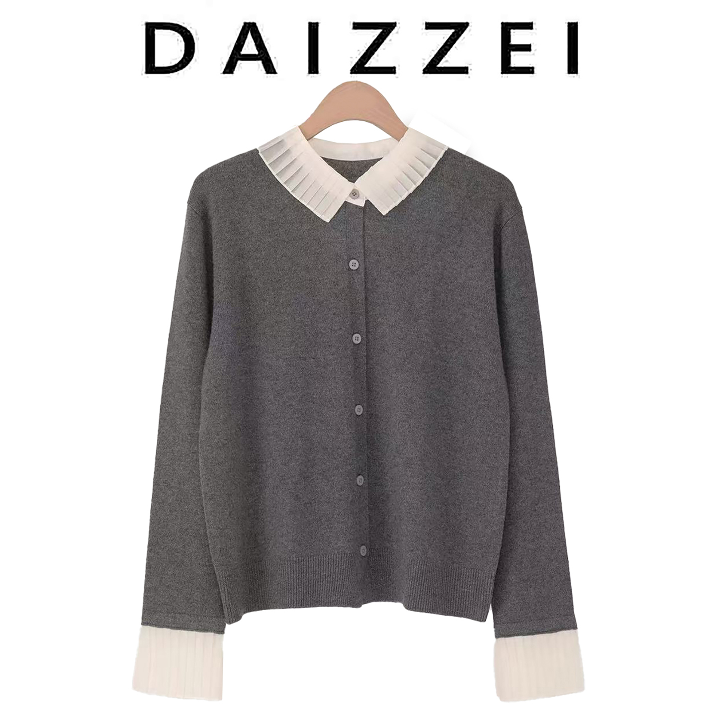 法式娃娃领撞色单排扣长袖针织衫