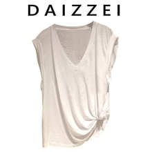 DAIZZEI~25夏下摆打结V领白色修身上衣不规则褶皱薄无袖T恤背心女