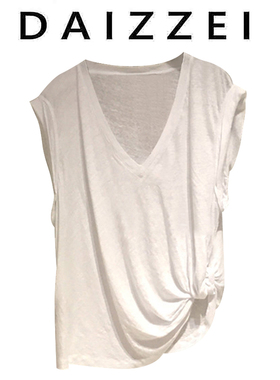 DAIZZEI~25夏下摆打结V领白色修身上衣不规则褶皱薄无袖T恤背心女